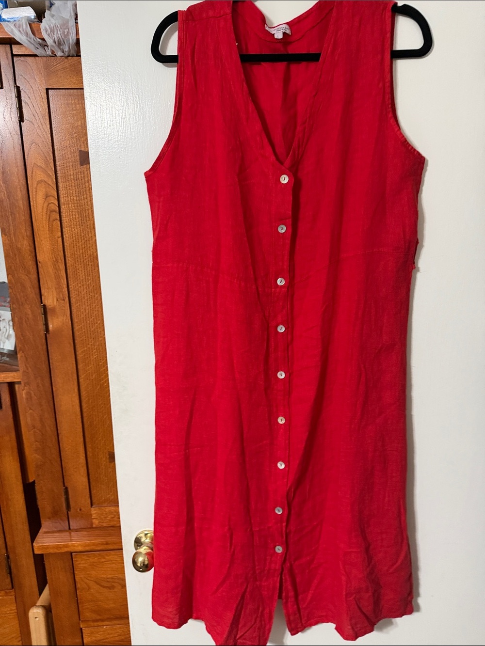 Red Button-Front Midi Dress — Sleeveless V-Neck